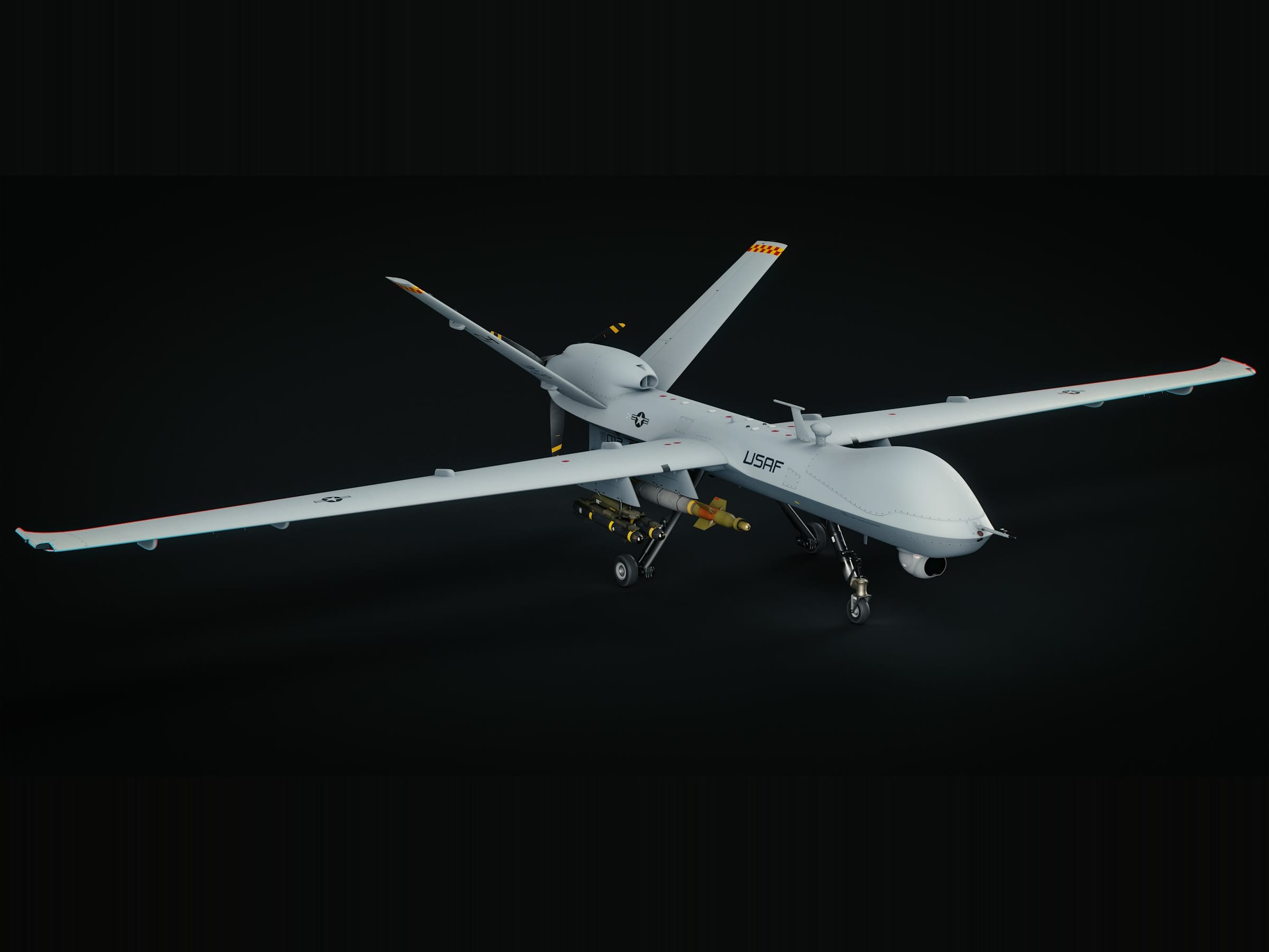 White MALE-class unmanned aircraft of the Predator family on a dark background