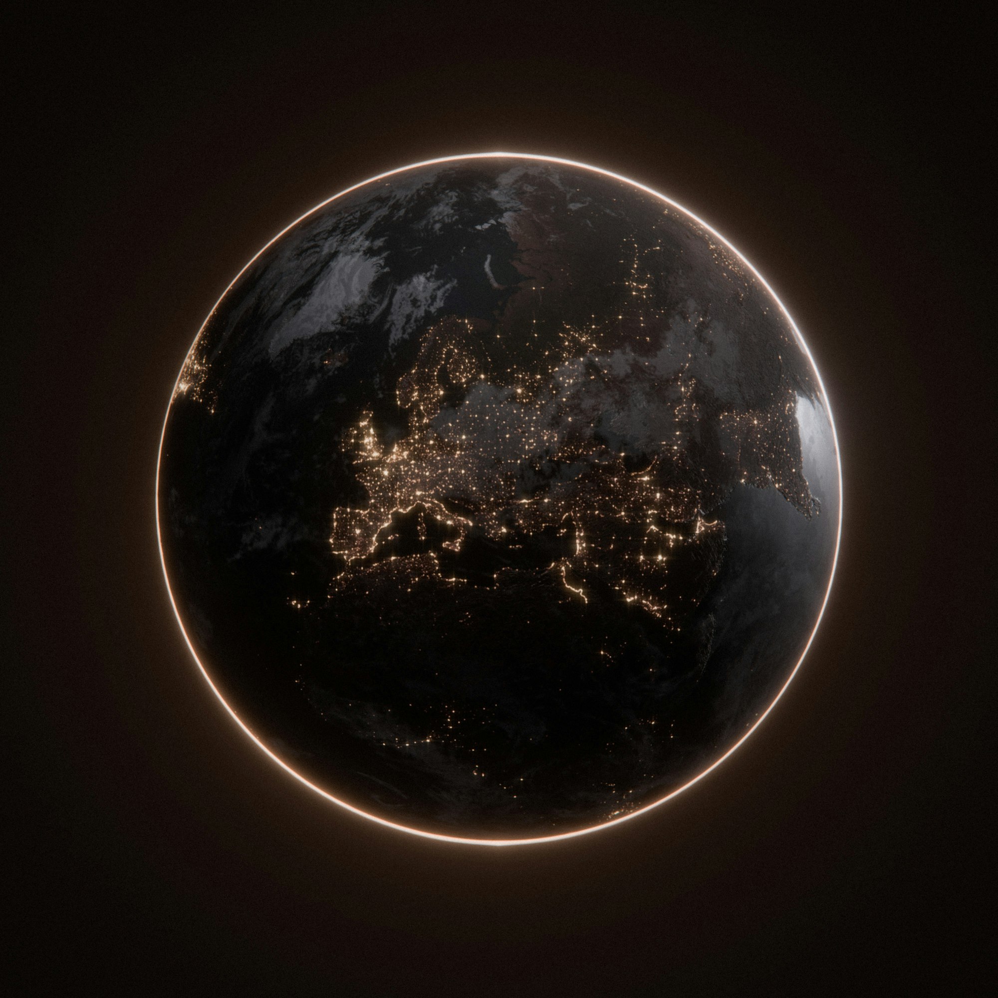 Earth at night, with Europe lit by city lights